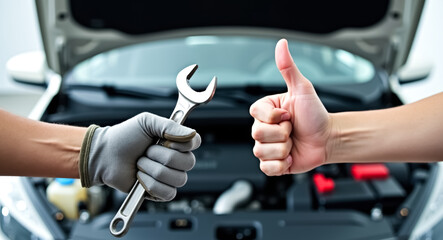gloved hand holds a wrench while another displays a thumbs-up gesture against the blurred background of a car's open hood