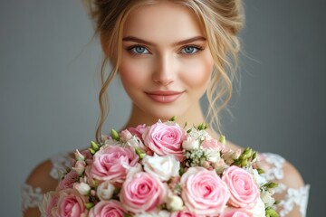 Beautiful blonde woman with blue eyes holds a bouquet
