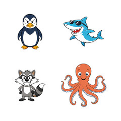 Playful & Unique Cartoon Mascot Logos – Penguin, Octopus, Raccoon, Shark