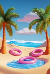 Fototapeta premium Tropical Beach Scene with Palm Trees and Swimming Rings Illustration