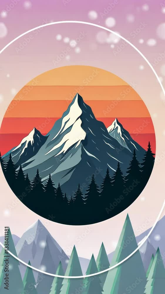 Poster A mountain with a forest in the background. The mountain is covered in snow. The sun is setting in the background