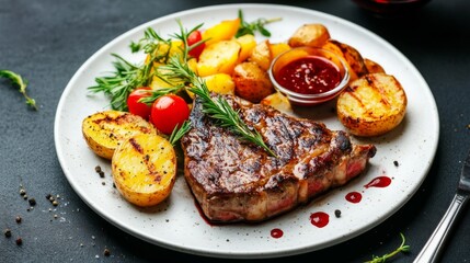 A beautifully plated steak dish, topped with a rich red wine sauce and accompanied by roasted potatoes and seasonal vegetables, showcasing culinary elegance.