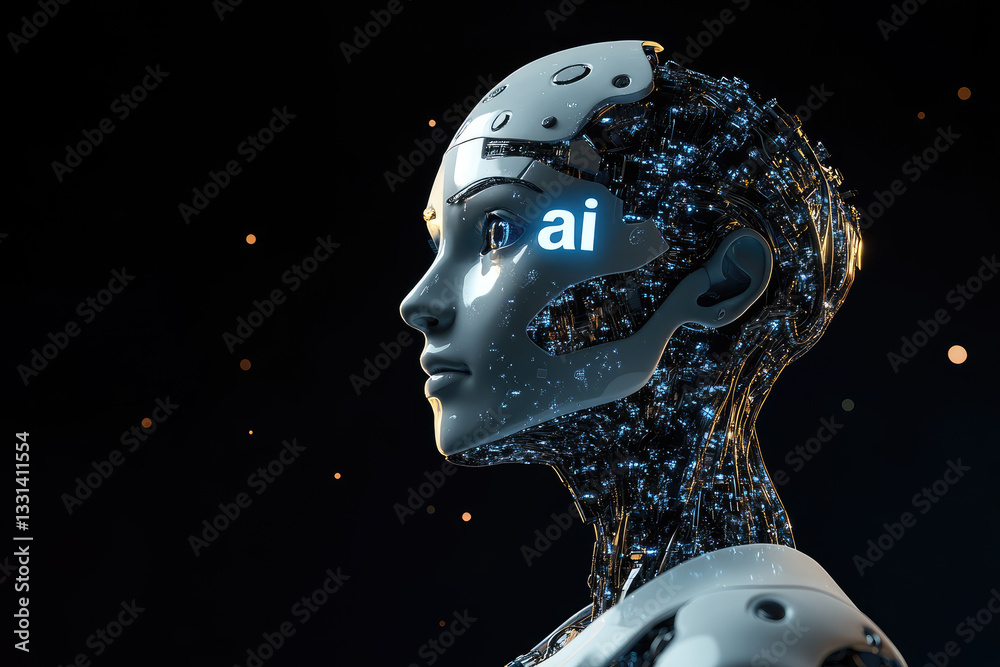 Poster cybernetic ai humanoid robot with futuristic mechanical face,artificial intelligence interface. conc
