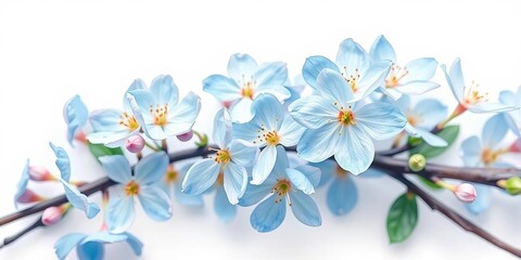 Fototapeta premium Delicate watercolor blue spring blossoms, petals softly rendered on pristine white , sky blue, delicate
