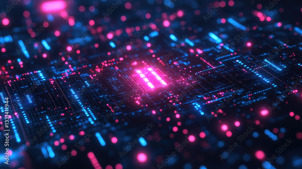 Poster futuristic digital interface with pink and blue glowing circuits, representing artificial intelligen