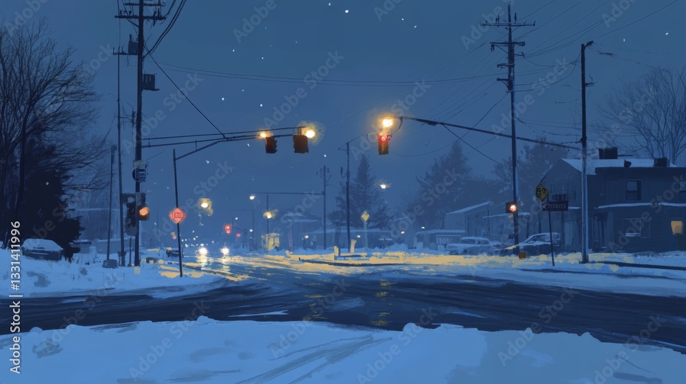 Aufkleber a city intersection illuminated by tall streetlights, with reflections of the lights on the empty st