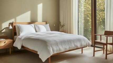 A clean, minimalist bed with white bedding, placed in a small, peaceful bedroom with wooden furniture and soft natural light coming through a large window.