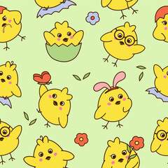 Seamless pattern with cute little chickens on green background.