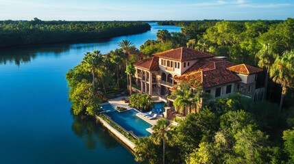 Obraz premium Stunning Aerial View of Florida's Luxurious Waterfront Villa