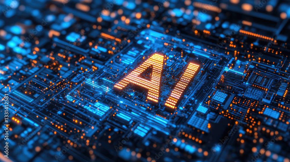 Poster high-tech ai processing chip integrated into a futuristic motherboard with glowing circuits. concept
