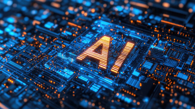 High-tech AI processing chip integrated into a futuristic motherboard with glowing circuits. Concept of artificial intelligence, advanced computing, and technological innovation.