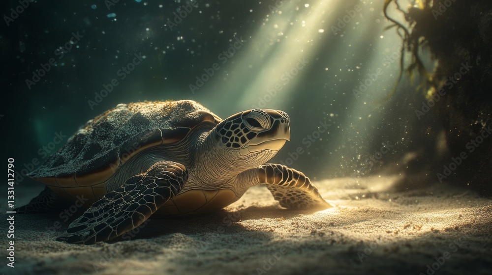 Poster A close-up of a sea turtle resting on a sandy ocean floor, with sunlight filtering through the water, illuminating its textured shell and serene expression.