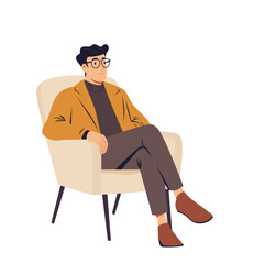 Vector illustration of Man in glasses sitting in chair isolated on white background. psychologist at session
