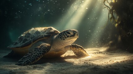 Obraz premium A close-up of a sea turtle resting on a sandy ocean floor, with sunlight filtering through the water, illuminating its textured shell and serene expression.