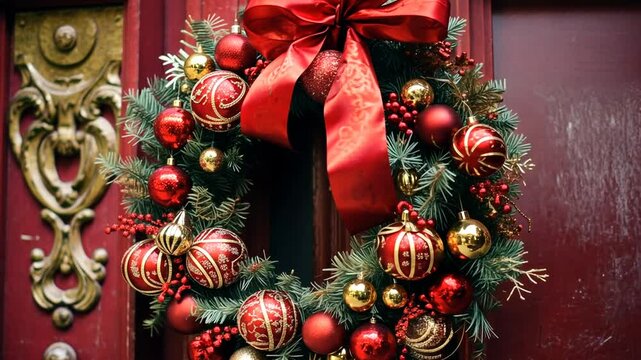 Weihnachtliche Dekoration mit gl&auml;nzenden Kugeln und roten Schleifen
