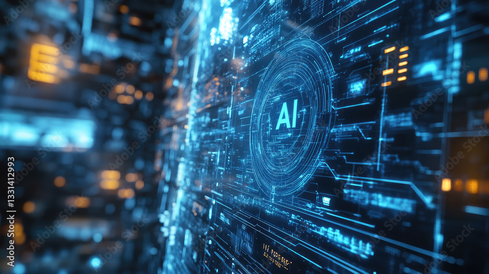 Poster futuristic ai interface with glowing cyber elements, symbolizing artificial intelligence, deep learn