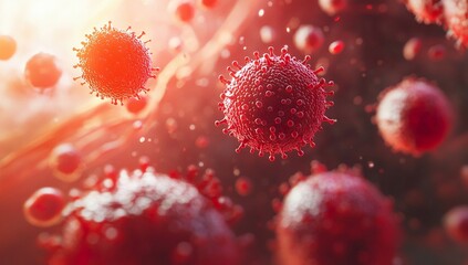 Viral allergies and bone marrow perennial cell culture for precursor selective medical research of cancer cells in the laboratory concept with macro red ball on background, hyper realistic,