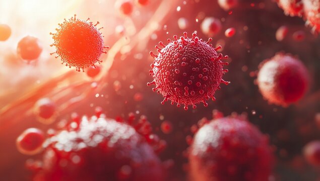Viral allergies and bone marrow perennial cell culture for precursor selective medical research of cancer cells in the laboratory concept with macro red ball on background, hyper realistic,