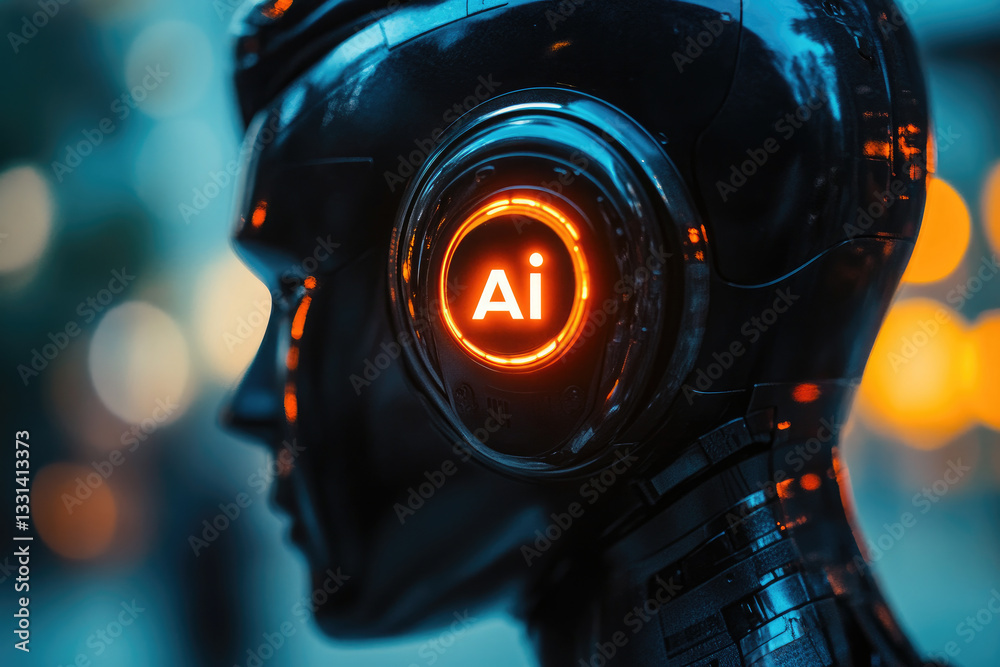 Poster close-up of a cybernetic ai humanoid robot with a futuristic mechanical face,detailed metallic desig