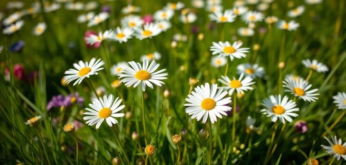 Fototapeta premium Delicate white daisy bellis perennis blossoms in a spring meadow, bellis perennis, daisy