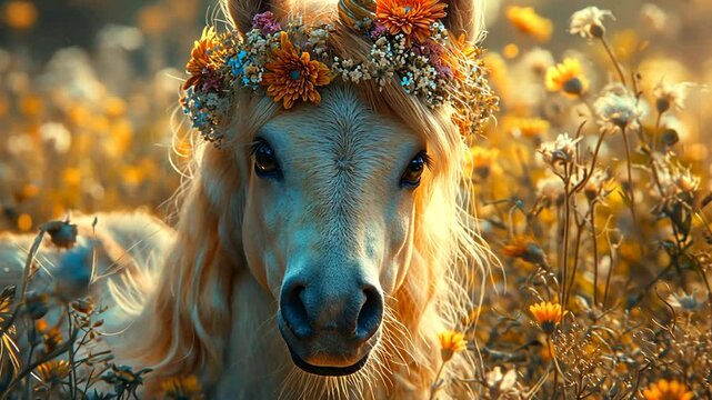 Wei&szlig;es Pferd mit Blumenkranz genie&szlig;t die Abendsonne auf einer Wiese