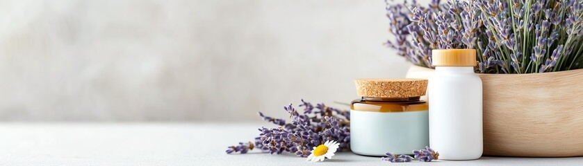 A serene arrangement of lavender flowers and essential products on a calming surface.