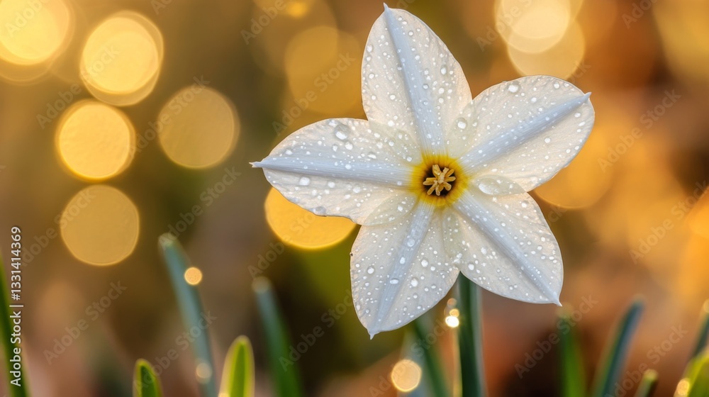 Poster a delicate image of a white daffodil with dew drops on its petals, set against a blurred natural bac