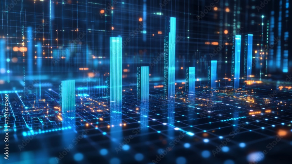 Poster a detailed d financial bar graph with rising bars in blue and green tones, set against a modern digi