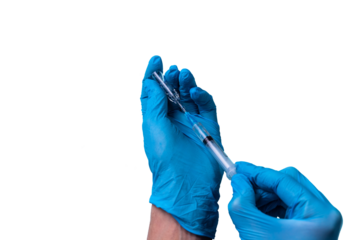 Medical syringe with injection in doctor's hand in blue glove on PNG background. Vaccination