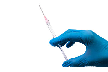 Medical syringe with injection in doctor's hand in blue glove on PNG background. Vaccination