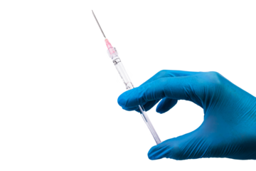 Medical syringe with injection in doctor's hand in blue glove on PNG background. Vaccination