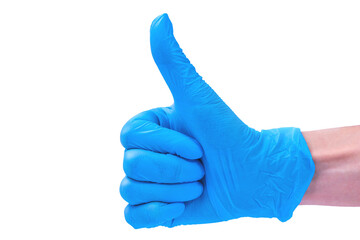 Like, hand in blue medical glove with thumb up. Hand gesture. PNG background