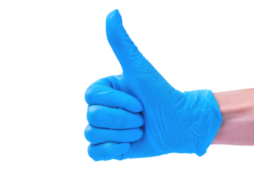 Like, hand in blue medical glove with thumb up. Hand gesture. PNG background