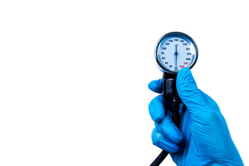 Manometer in the hands of a doctor measuring the blood pressure of a patient. Medical poster, copy...