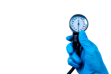 Manometer in the hands of a doctor measuring the blood pressure of a patient. Medical poster, copy space.