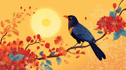 Sinhala New Year illustration, featuring Erythrina Fusca flowers, black Asian koel birds, and a shining sun symbolizing prosperity and joy.