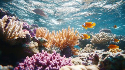 Obraz premium Vibrant underwater scene showcasing colorful coral and tropical fish in clear blue water.