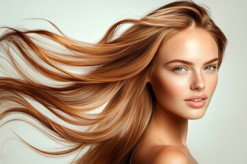Fototapeta premium Beautiful woman showcases long flowing auburn hair in motion