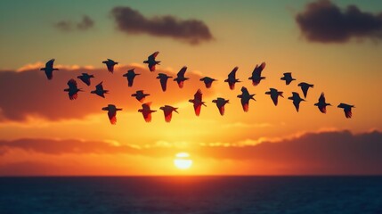 Fototapeta premium A flock of colorful parrots flying in formation against a stunning sunset, their feathers shimmering in the warm light of the evening sky.
