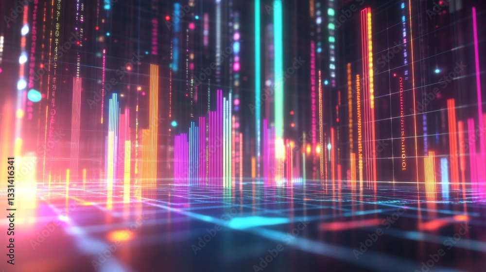 Poster a futuristic financial d bar graph showing rising bars in bright colors, floating against a digital 