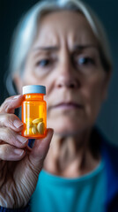A senior woman holds a prescription bottle, emphasizing the importance of medication management. This image highlights health awareness and the role of seniors in their healthcare.