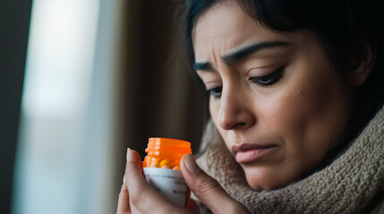 Fototapeta premium A woman thoughtfully examines her prescription medication bottle, reflecting on health decisions. The scene captures the emotional weight of managing personal well-being.