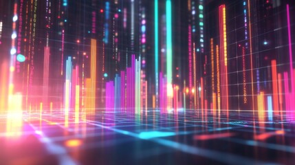 A futuristic financial D bar graph showing rising bars in bright colors, floating against a digital grid background with financial symbols.