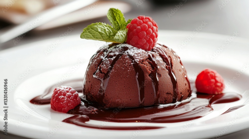 Poster A luxurious chocolate dessert plated with a drizzle of raspberry sauce and garnished with mint leaves, showcasing a refined and indulgent culinary creation.