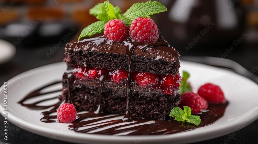 Poster A luxurious chocolate dessert plated with a drizzle of raspberry sauce and garnished with mint leaves, showcasing a refined and indulgent culinary creation.