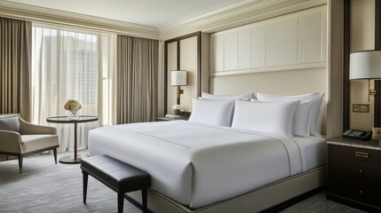 A luxurious hotel-style bed with crisp, white linens, fluffy pillows, and a plush blanket, placed in a modern bedroom with elegant decor and soft lighting.