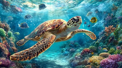 Fototapeta premium A majestic sea turtle gliding gracefully through crystal-clear turquoise waters, surrounded by colorful coral reefs and schools of fish, showcasing underwater beauty.