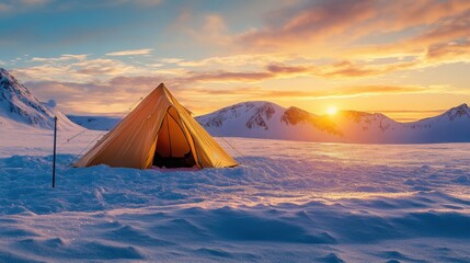 Golden tent pitched in snowy mountains at sunset. Perfect for winter camping, adventure, and travel themes.