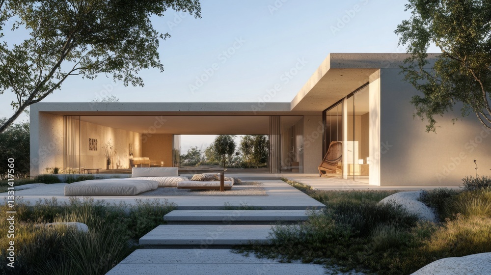 Poster A minimalist white sofa set against a neutral backdrop, complemented by a soft rug and artistic decor, creating a serene and inviting space for relaxation.