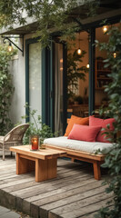 Obraz premium wooden bench with pillows on a deck creating a relaxing outdoor setting